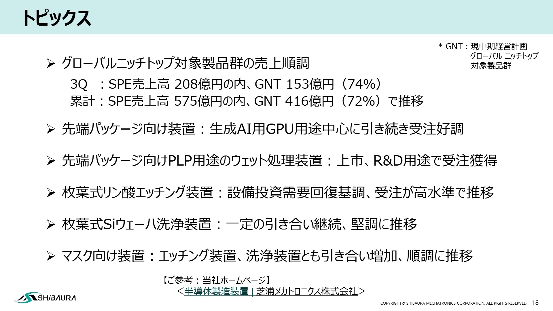 トピックス：GNT製品の状況