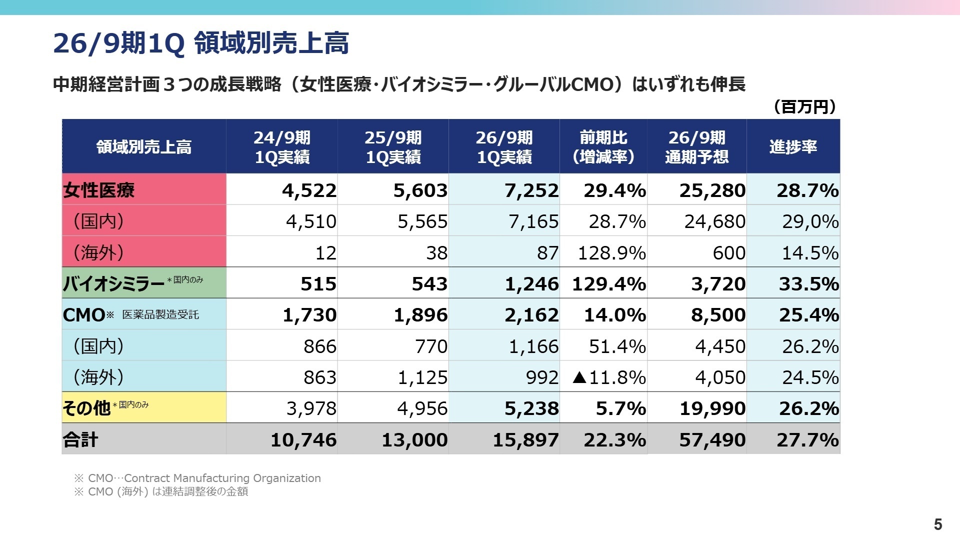 領域別売上高の実績