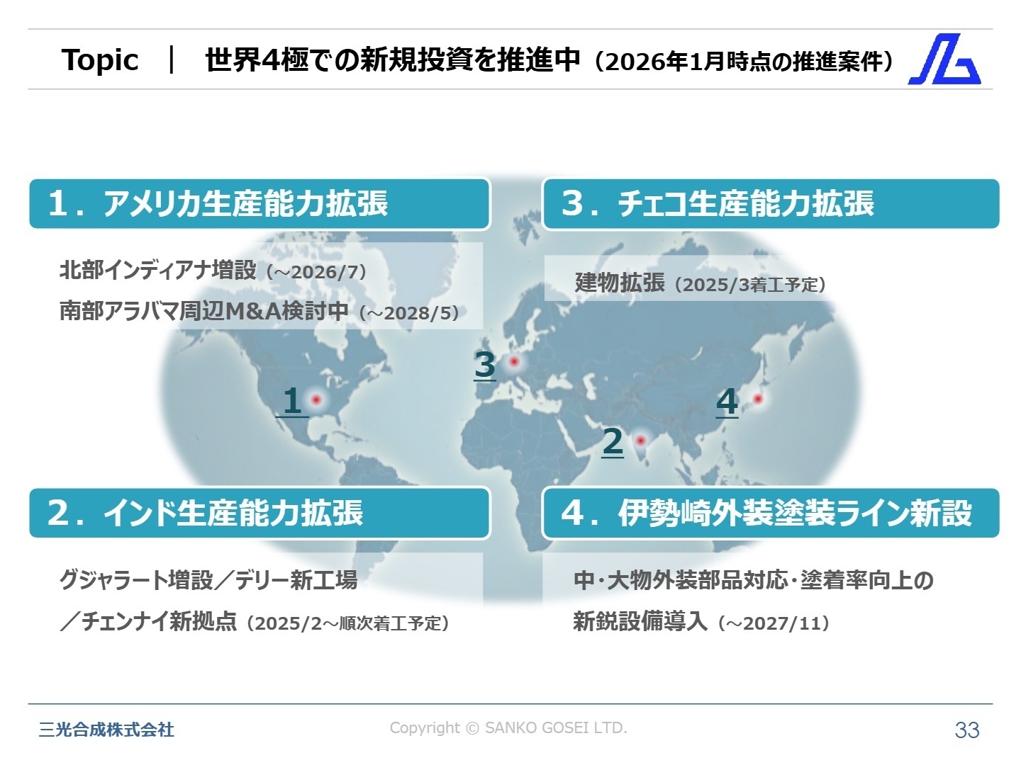世界4極での新規投資を推進中