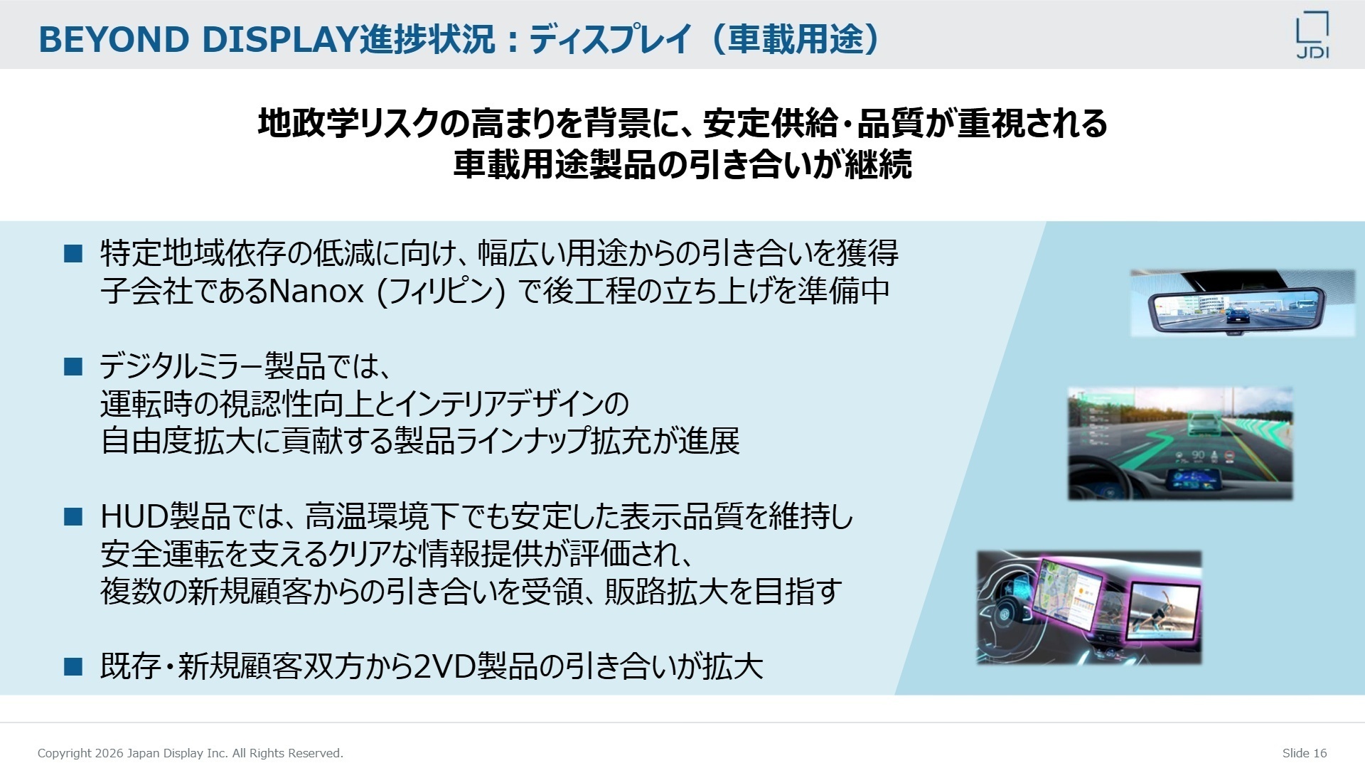 BEYOND DISPLAY進捗状況：車載用途ディスプレイ