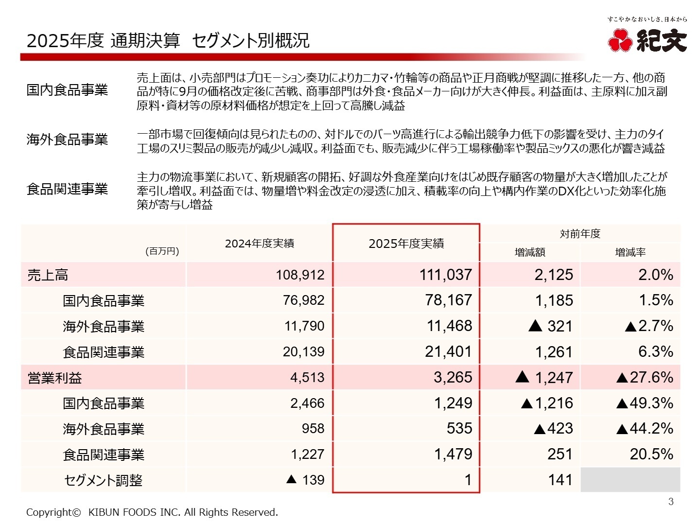 2025年度 通期決算 セグメント別概況